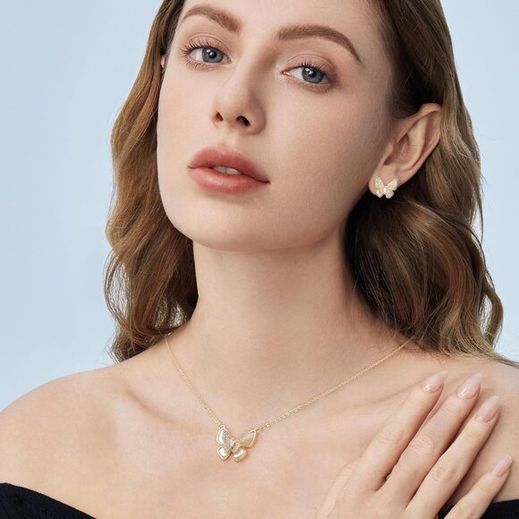 Dainty Butterfly Gold and Silver Jewelry Set - Rhinestone Earrings & Necklace - Picture 2 of 7
